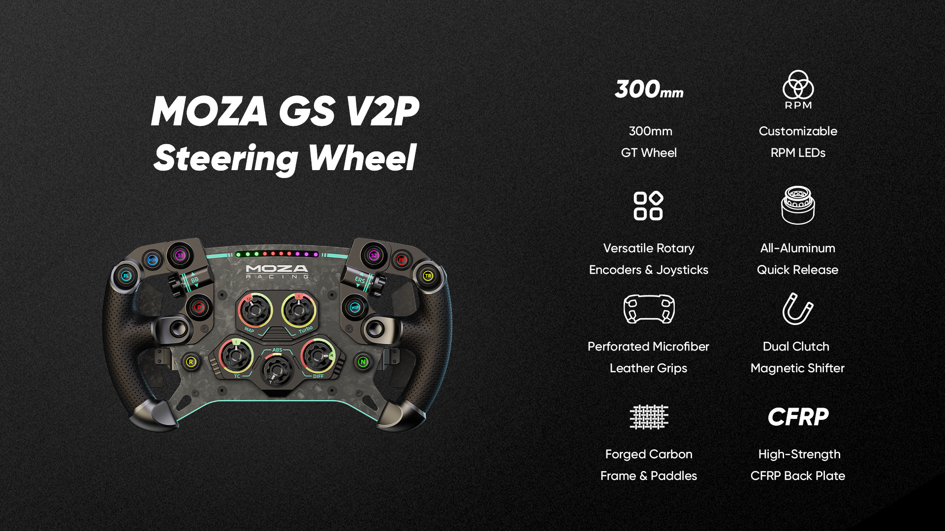 A large marketing image providing additional information about the product MOZA GS V2P Steering Wheel Microfiber Leather Version - Additional alt info not provided